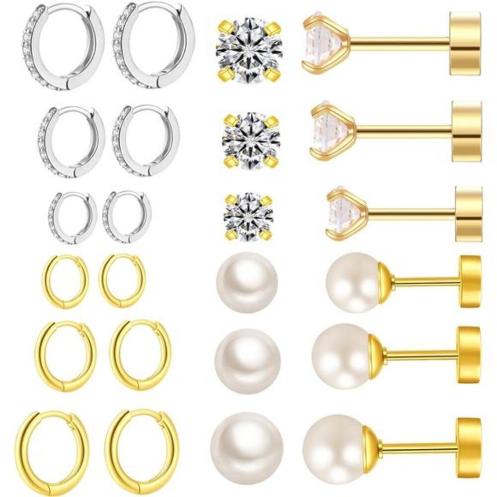 12 Pairs Gold & Silver Hoop, CZ, and Pearl Stud Earring Set Minimalist Style